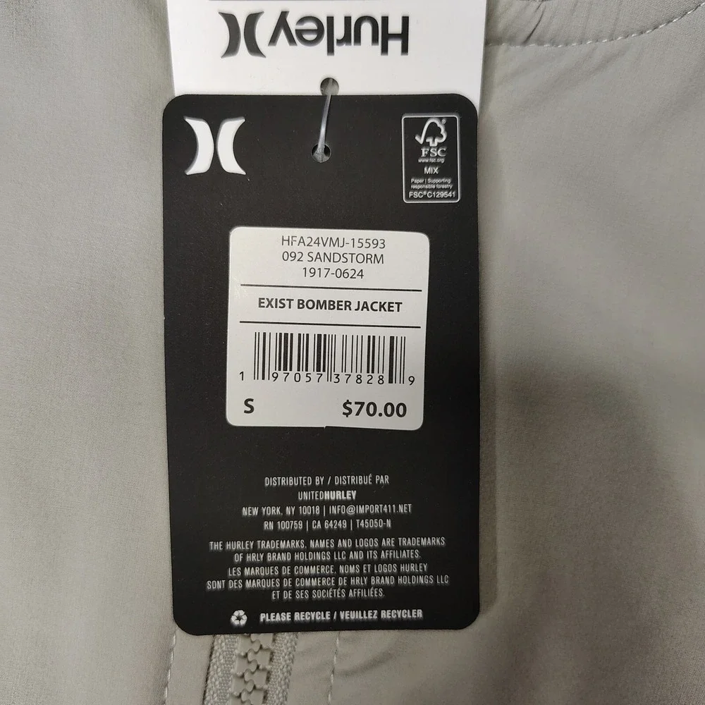Hurley Exist Bomber Jacket Mens Small Sandstorm Tan Full Zip Stretch Performance